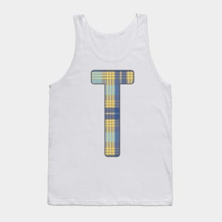 Monogram Letter T, Blue, Yellow and Grey Scottish Tartan Style Typography Design Tank Top